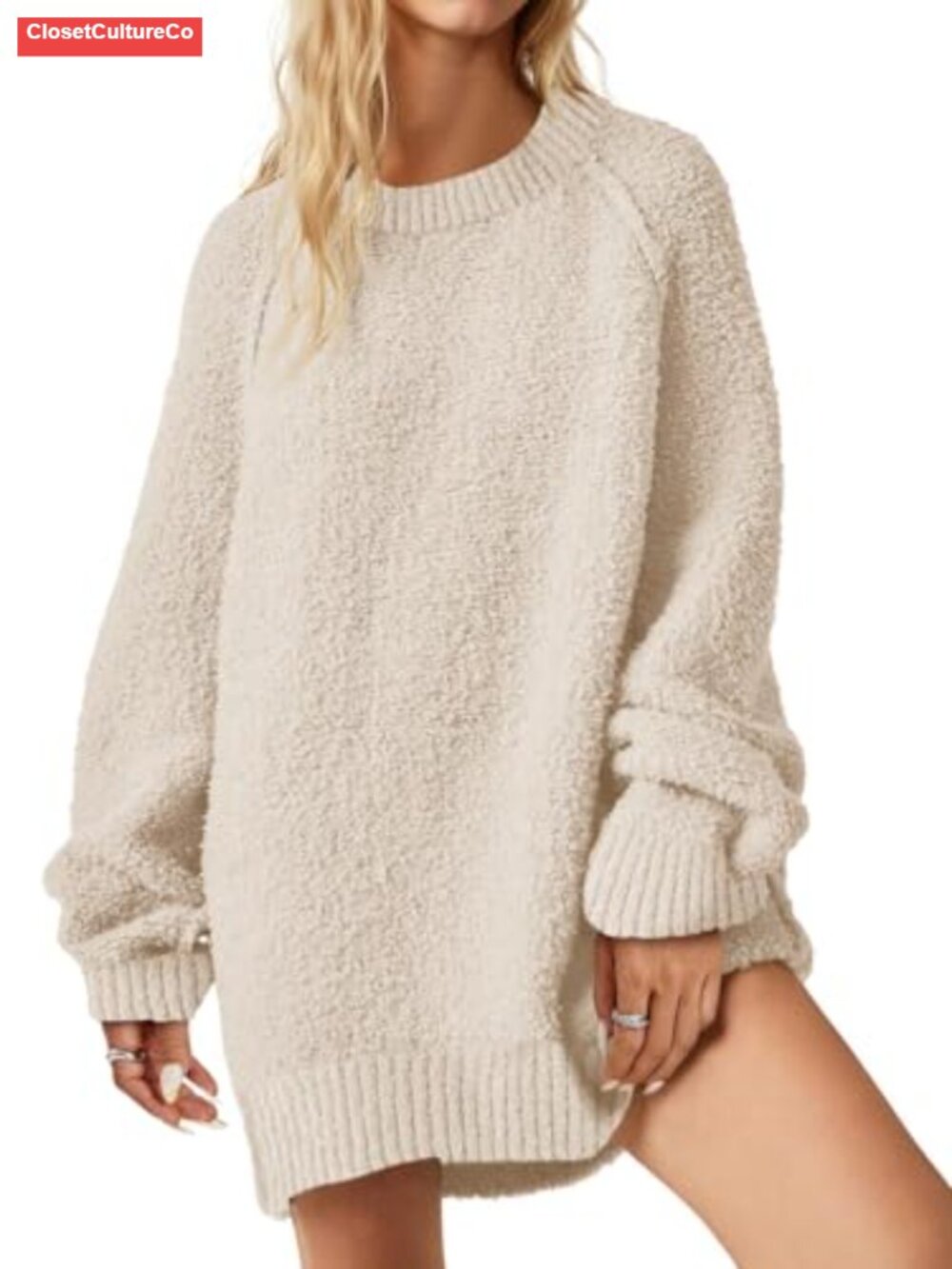 Oversized Fuzzy Long Sleeve Tunic Pullover Sweater Crew Neck Ribbed Knit